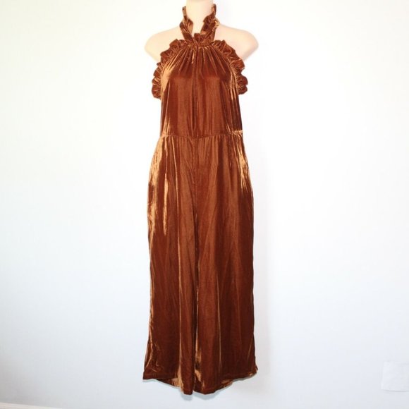 Kristinit Anthropologie Velvet Ruffle Halter Jumpsuit Copper Large H13128 - Picture 2 of 12